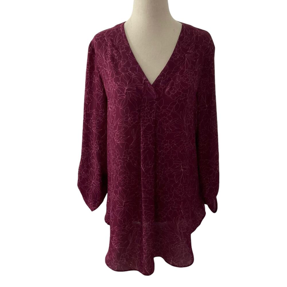Apt. 9 Plum Floral Roll Tab Sleeve Blouse Women Size Medium | 57-28